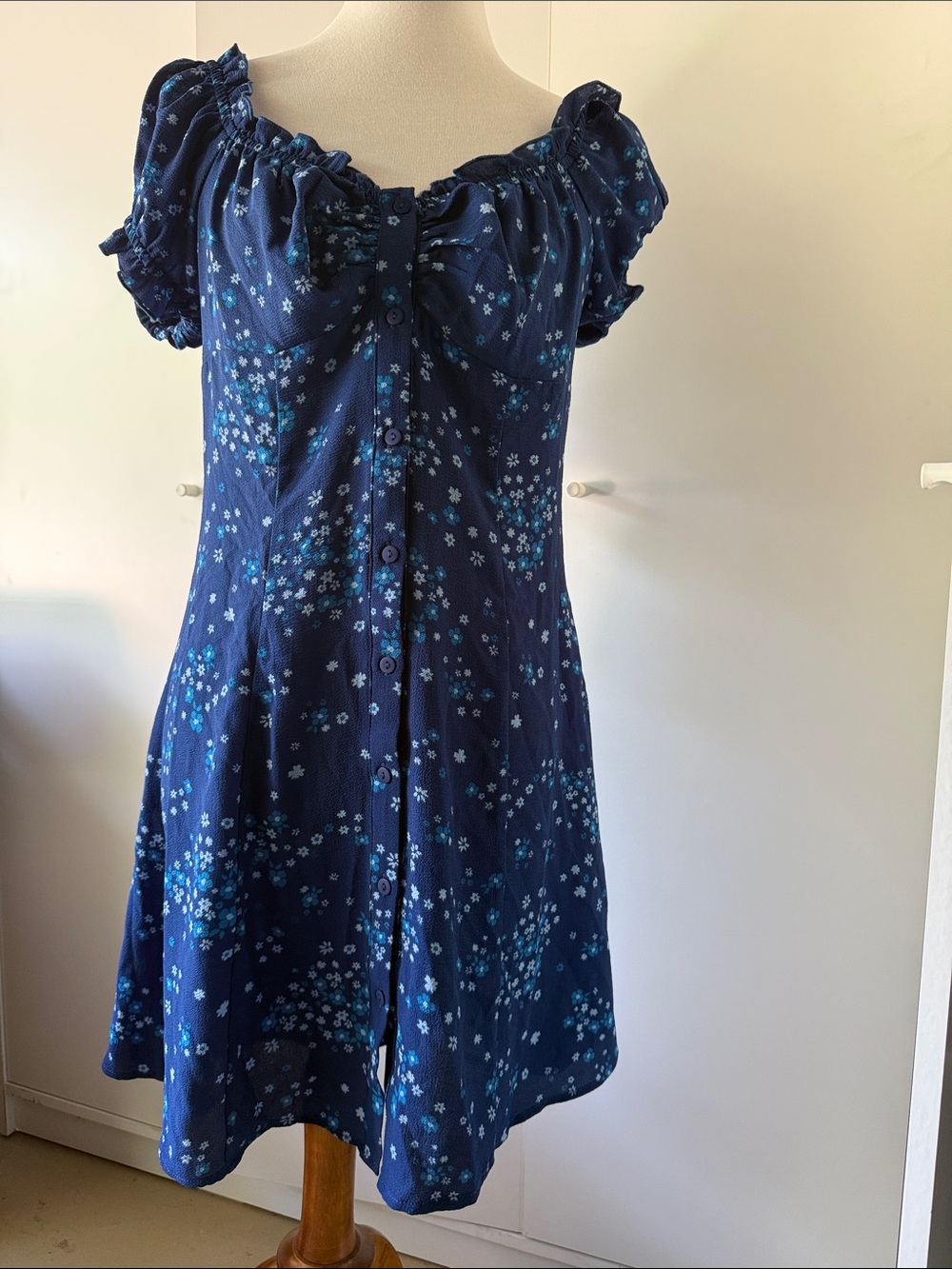 Adore Me Navy Blue Floral Puff-Sleeve Dress NWT